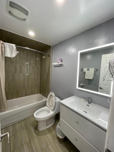 a bathroom with a toilet and a tub and a sink at Royal Inn in Burlington