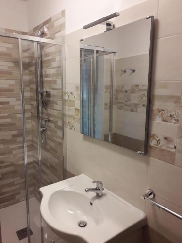 W łazience znajduje się umywalka, prysznic i lustro. w obiekcie Appartamenti Belfiore w mieście Pitigliano