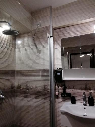 a bathroom with a shower and a sink and a mirror at Iris Vivo Mall in Cluj-Napoca