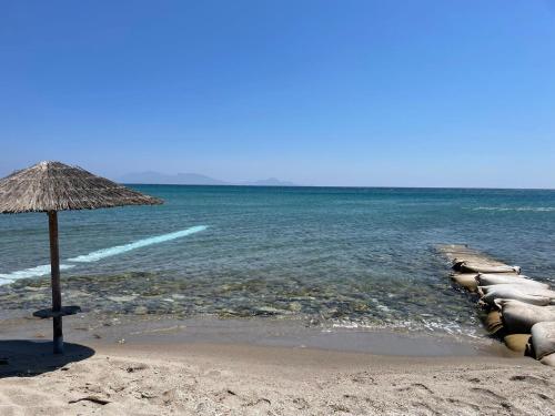 a beach with a straw umbrella and the ocean at Marmaraki Village House & Apartments in Kardamaina
