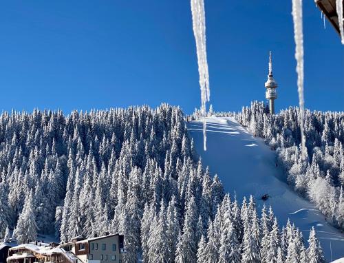 a snow covered mountain with a tower in the background at Luxury Aparthotel STUDENETS in Pamporovo