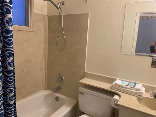 a bathroom with a shower and a toilet and a sink at Swiss Sunset Inn in Penticton