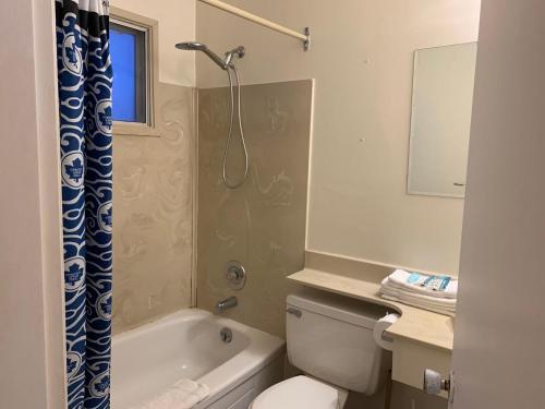 a bathroom with a tub and a toilet and a shower at Swiss Sunset Inn in Penticton