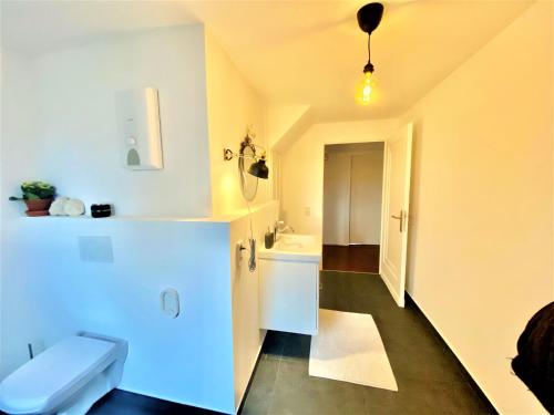 ein Badezimmer mit einer weißen Toilette und einem Waschbecken in der Unterkunft Get-your-flat - Mansard-Wohnung in Villa 3 Zr Kü Bad, 85 m2, bis 4 Gäste , Haustier auf Anfrage - ruhig & naturnah - TOP in Hagen