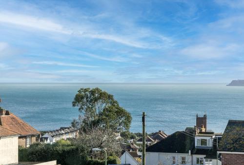 a view of the ocean from a town with houses at Family Home By The Sea in Torquay