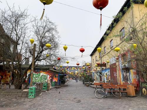 a street with lots of lanterns hanging from buildings at Perfect Apartments in Superb Location by Strøget, the Metro & Attractions in Copenhagen