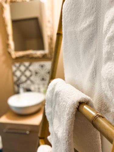 a towel hanging on a towel rack in a bathroom at Domaine de la Mer in Woignarue