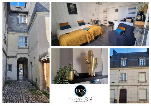 un collage de fotos de un dormitorio y una cama en "Le Studio" Les Halles - Tout Confort - Parking - Arrivée Autonome, en Tours