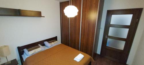 1 dormitorio con cama de madera y puerta de madera en Apartament blisko trasy S3, en Nowa Sól