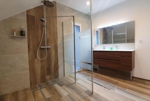 a bathroom with a shower and a sink at Gîte clair, spacieux et cosy avec vue sur le massif de la Chartreuse in Sainte-Hélène-du-Lac