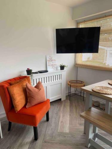 a living room with an orange chair and a flat screen tv at Ruby’s Retreat in Belton