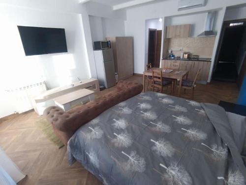 uma sala de estar com uma cama grande e uma cozinha em Mini Loft em Becerril de la Sierra
