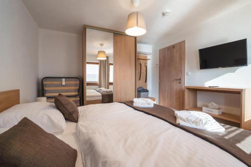 a bedroom with two beds and a flat screen tv at Vinoza - ubytování a vinný sklep Velké Bílovice Rulandová in Velké Bílovice
