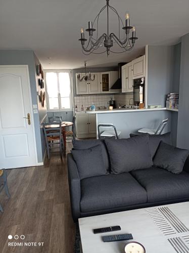 a living room with a couch and a kitchen at La petite maison du Quai in Blois