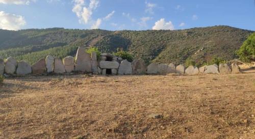 a group of rocks in a field with a mountain at Sa Dommu 'e su coro in Triei