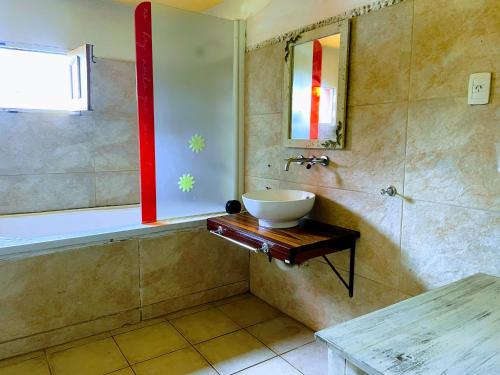 a bathroom with a sink and a shower with a mirror at RIBERAS DEL RÍO in Oliveros