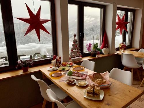 - une table avec de la nourriture dans une chambre avec des fenêtres dans l'établissement Romanka, à Żabnica