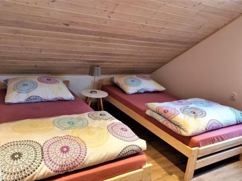 two beds in a room with a attic at La Paloma - Lux Houses in Kolczewo in Kołczewo