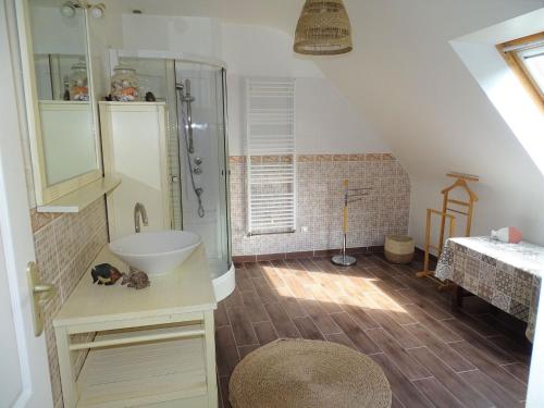 une salle de bain avec un lavabo et une douche dans l'établissement Holiday Home in Terenez with Stunning Sea View, à Plougasnou