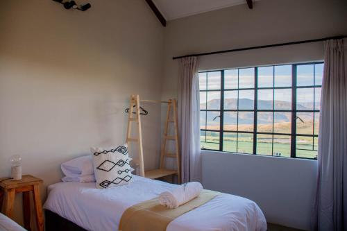 a bedroom with two beds and a large window at Kezlyn Farm Cottages in Bergville