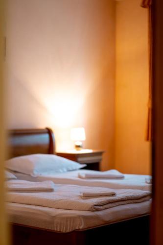 a bedroom with a bed with a light on the wall at Lilla Apartments in Odorheiu Secuiesc