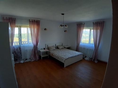 a bedroom with a bed and two windows at Casuta de la Munte in Sfodea
