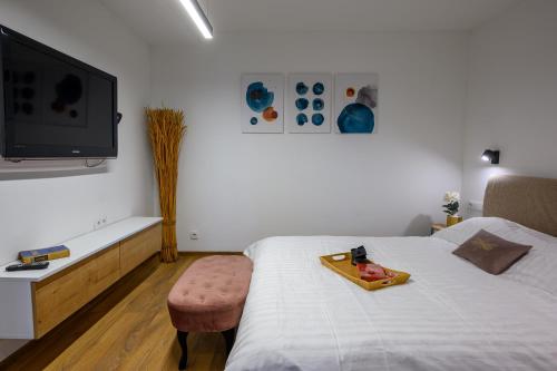 a bedroom with a bed with a stool and a tv at Гардън Апарт in Blagoevgrad