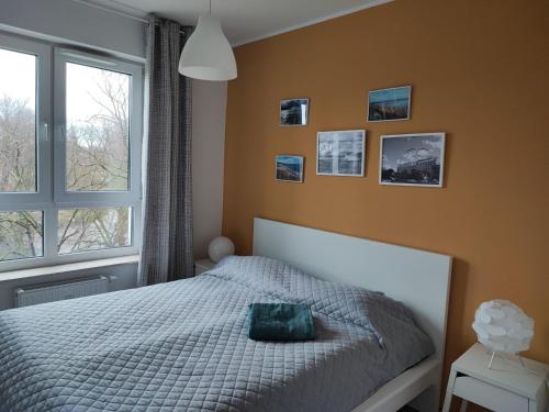コウォブジェクにあるApartament Solna Kołobrzegのベッドルーム1室(ベッド1台付)が備わります。壁には絵画が飾られています。