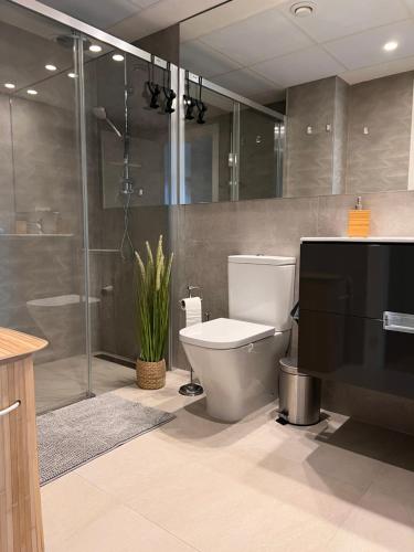 a bathroom with a toilet and a glass shower at Sol y Mar in El Campello