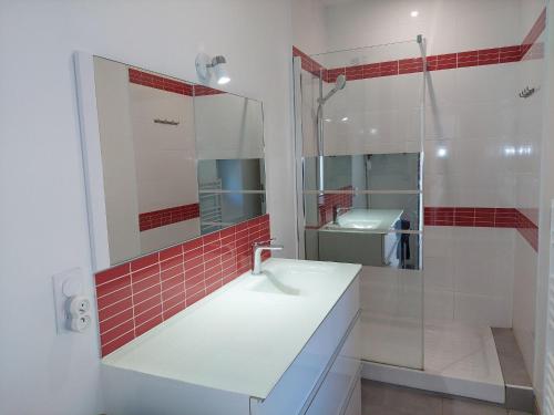 La salle de bains est pourvue d'un lavabo et d'une douche avec du carrelage rouge. dans l'établissement Cottage in Plouarzel, à Plouarzel