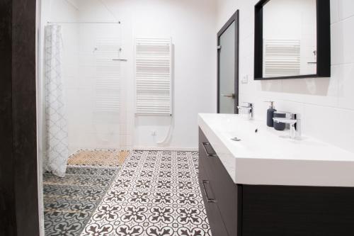uma casa de banho branca com um lavatório e um chuveiro em U Zlaté Hvězdy apartmán Rizal em Litoměřice