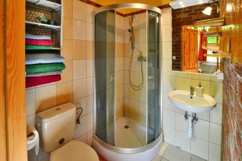 y baño con ducha, aseo y lavamanos. en holiday home, Drzonowo, en Bogusławiec