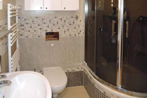 a bathroom with a toilet and a shower and a sink at Holiday flat, Swinoujscie in Świnoujście
