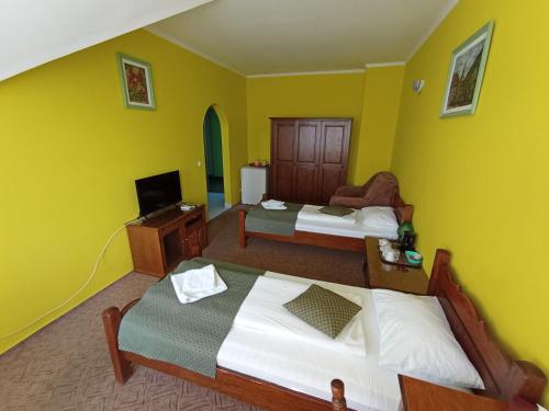 a hotel room with two beds and a television at Pensiunea Cristina in Târgu-Mureş