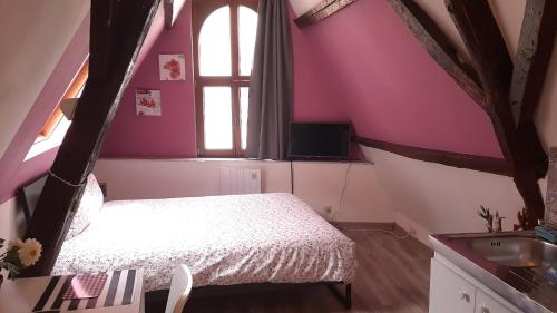 een slaapkamer met een bed, een raam en een wastafel bij Chez Esmara Et Philippe Fourche in Brussel