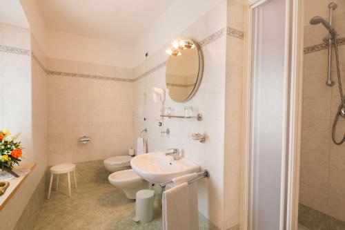 a bathroom with a sink and a toilet and a mirror at Hotel Garni Excelsior in Livinallongo del Col di Lana
