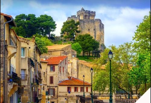 ein Schloss auf einem Hügel mit Gebäuden in der Unterkunft Appartement accueillant à Beaucaire - 90 m², idéal pour les familles in Beaucaire