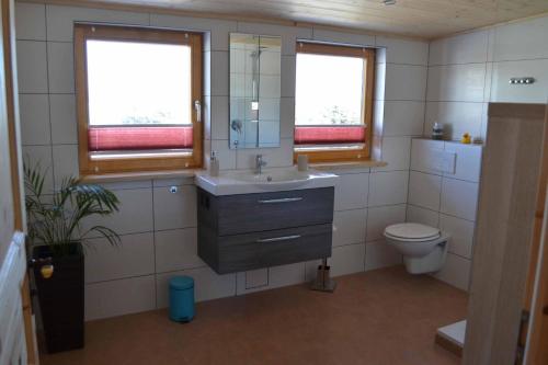 a bathroom with a sink and a toilet and two windows at Straub / Ferienwohnung Allgäublume in Oy-Mittelberg