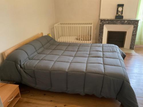 a large bed in a room with a fireplace at La Maison des cressonnières in Saint-Pardoux-du-Breuil