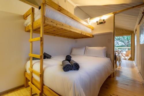 een slaapkamer met een stapelbed en 2 handdoeken bij AfriCamps Hoedspruit in Hoedspruit
