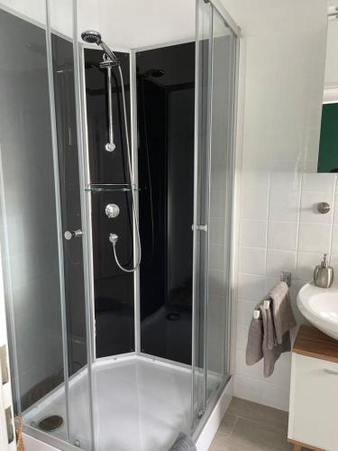 a shower with a glass door in a bathroom at Cityapartment in Stadtlohn