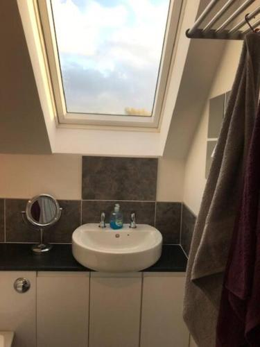 un baño con lavabo y una ventana por encima. en Castle View - Home from Home en Stirling