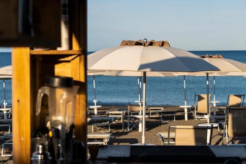 a beach with umbrellas and chairs and the ocean at CSA Hotel Beach & Park in Marina di Bibbona