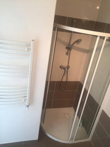 une douche dans une salle de bain avec une porte vitrée dans l'établissement Studio meublé. Proche mer et centre ville, à Nice