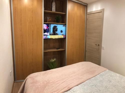 a bedroom with a bed and a tv in a cabinet at APARTAMENTO EN CANFRANC ESTACION in Canfranc-Estación