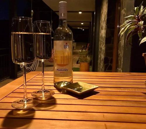 a bottle of wine sitting on a table with two glasses at Illaberek Vendégház in Sukoró