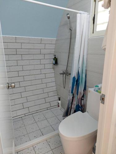 a white bathroom with a toilet and a shower at Meinong Yun Shanju Homestay in Meinong