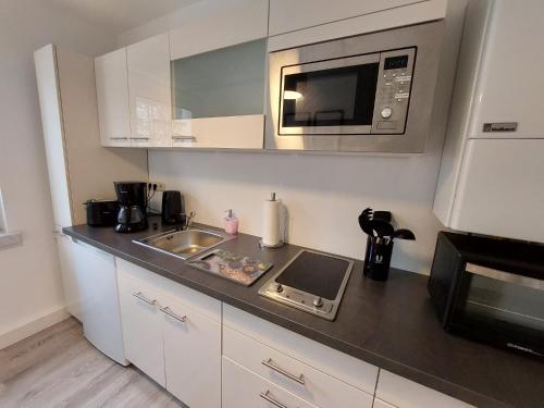 una cocina con fregadero y microondas en Helles modern eingerichtetes Apartment, en Halle an der Saale