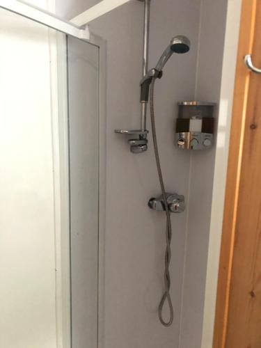 a shower in a bathroom next to a door at Foresters Lodge bed and breakfast, near loch ness in Inverfarigaig