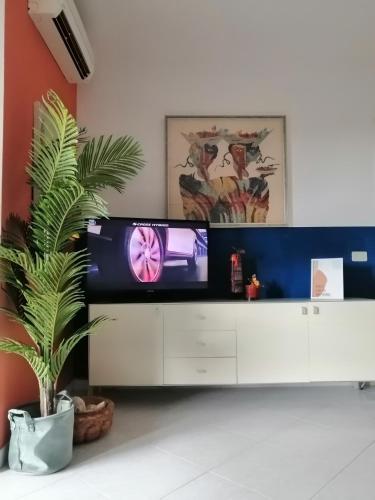 einen TV auf einem weißen Schrank in einem Zimmer mit einer Anlage in der Unterkunft Casa Dana Andora in Marina dʼAndora